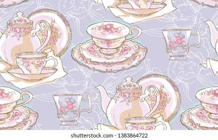 Dishes, teapot, saucer, cup. Vector illustration. Seamless pattern. Background pattern of dishes Porcelain drawing China sketch
