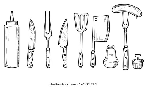 Dishes and tools for grilling sketch objects isolated on white background. Hand drawn barbecue elements. Grill menu design template.