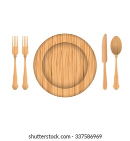 Dishes and utensils made of wood isolated on white background