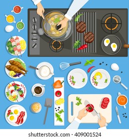 Dishes and utensils on the kitchen top view with cooking surface vector illustration 