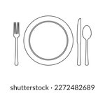 The dishes in the vector are isolated on a white background. Spoon fork knife plate hand-drawn. Table setting. The cutlery is black and white. Kitchen tools. Time to cook
