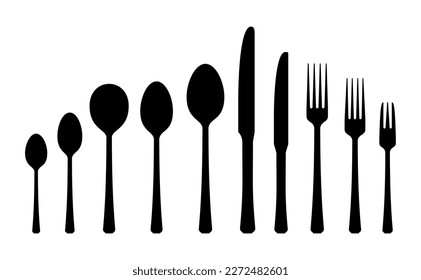 The dishes in the vector are isolated on a white background. Spoon fork knife plate hand-drawn. Table setting. The cutlery is black and white. Kitchen tools. Time to cook