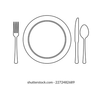 The dishes in the vector are isolated white background  Spoon fork knife plate hand  drawn  Table setting  The cutlery is black   white  Kitchen tools  Time to cook