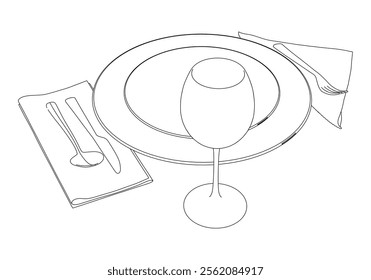 The dishes in the vector are isolated on a white background. Spoon fork knife plate hand-drawn. Table setting. The cutlery is black and white. Kitchen tools.