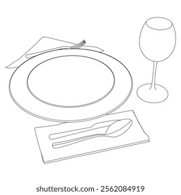 The dishes in the vector are isolated on a white background. Spoon fork knife plate hand-drawn. Table setting. The cutlery is black and white. Kitchen tools.