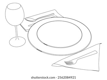 The dishes in the vector are isolated on a white background. Spoon fork knife plate hand-drawn. Table setting. The cutlery is black and white. Kitchen tools.