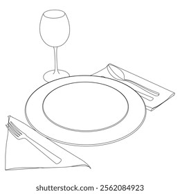 The dishes in the vector are isolated on a white background. Spoon fork knife plate hand-drawn. Table setting. The cutlery is black and white. Kitchen tools.