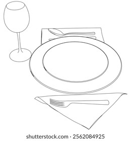 The dishes in the vector are isolated on a white background. Spoon fork knife plate hand-drawn. Table setting. The cutlery is black and white. Kitchen tools.