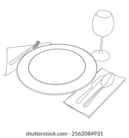 The dishes in the vector are isolated on a white background. Spoon fork knife plate hand-drawn. Table setting. The cutlery is black and white. Kitchen tools.