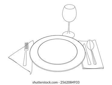 The dishes in the vector are isolated on a white background. Spoon fork knife plate hand-drawn. Table setting. The cutlery is black and white. Kitchen tools.