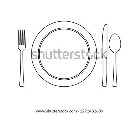 The dishes in the vector are isolated on a white background. Spoon fork knife plate hand-drawn. Table setting. The cutlery is black and white. Kitchen tools. Time to cook