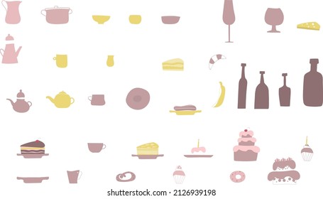   dishes vector set with crockery, kitchen utensils, confectionery in flat style, silhouettes  elements. images of objects, food,  items. isolated on a white background Doodle  boho  style 