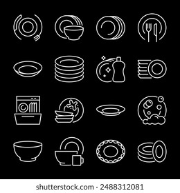 Dishes, white line icons. Cookware and tableware, perfect for kitchen and dining themes. Symbols on black background. Editable stroke.