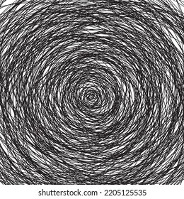 Disheveled, unevenly distributed circles overlapping, comprising busy, monochrome linear texture