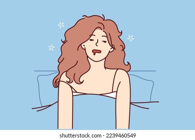 Disheveled woman in nightgown sits in bed after abrupt awakening or unpleasant dreams. Girl has problems sleeping and cannot fall asleep or is sick with sleepwalking. Flat vector illustration