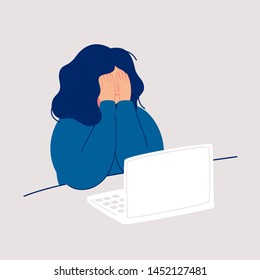 Disheveled woman sits at the computer and crying covering her face with her hands. Weeping woman emotions grief. Concept of solitude and loneliness.  Cartoon vector illustration in flat style