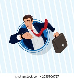 Disheveled young businessman or manager looks at watch on his hand. Front face view in round frame. Late or Delay concept. Simplistic realistic comic art style. Vector illustration