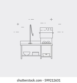 Dishmachine Isolated Line Icon. Commercial Dishwasher Vector Concept.