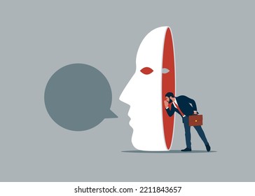 Dishonest businessman hiding behind disguise mask pretend to lying. Lies, fraud or fake, business cheating or suspicion false. Flat vector illustration.