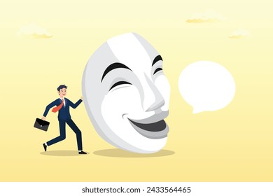 Dishonest businessman hiding behind disguise mask pretend to lying, dishonesty, lies or scam, fraud or fake hiding behind disguise mask, business cheating or suspicion false or fake news (Vector)