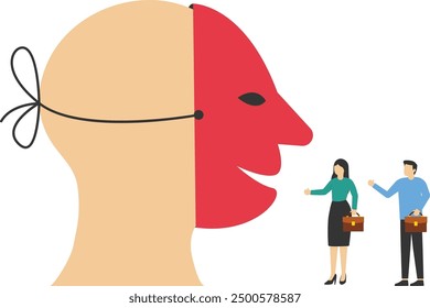 Dishonest businessman hiding behind disguise mask pretend to lying. Lies, fraud or fake, business cheating or suspicion false. Flat vector illustration.

