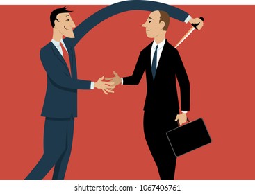 Dishonest businessman shaking hands with a person, stabbing him in a back with another hand, EPS 8 vector illustration 