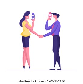 Dishonest Cheating Agreement, Faking and Betray Business Partnership Concept. Businessman and Businesswoman Characters Holding Mask Hiding Face and Shaking Hands. Cartoon People Vector Illustration