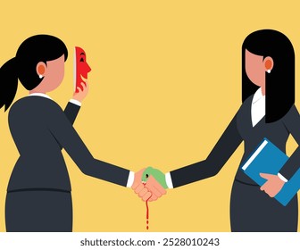 Dishonest Cheating Agreement, Hidden benefits in business deals. Two businesswomen shake hands to make a business deal