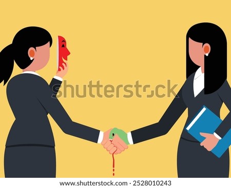Dishonest Cheating Agreement, Hidden benefits in business deals. Two businesswomen shake hands to make a business deal