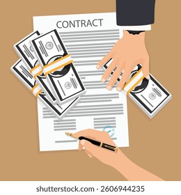 Dishonest cheating in business illegal money, Businessman receive bribe money in envelope to business people to give success the deal contract of investment, Bribery and corruption concept