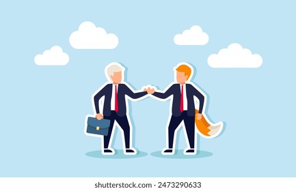 Dishonest deal fraud and scams to exploit partners, cheating business victims, concept of Businessman shakes hands with a sheep victim and a hunter wolf