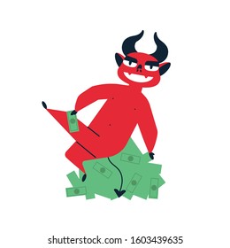 Dishonest earnings flat vector illustration. Devil with money. Criminal income, theft and bribery, illicit proceeds, illegal deal concept. Demon sitting on cash pile isolated on white background.