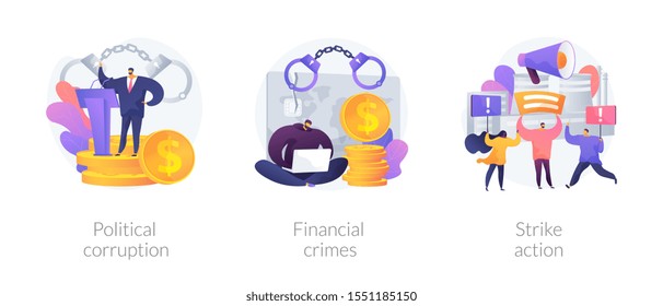 Dishonest government, money laundering, social demonstration icons set. Political corruption, financial crimes, strike action metaphors. Vector isolated concept metaphor illustrations