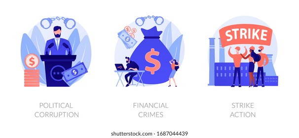 Dishonest government, money laundering, social demonstration icons set. Political corruption, financial crimes, strike action metaphors. Vector isolated concept metaphor illustrations