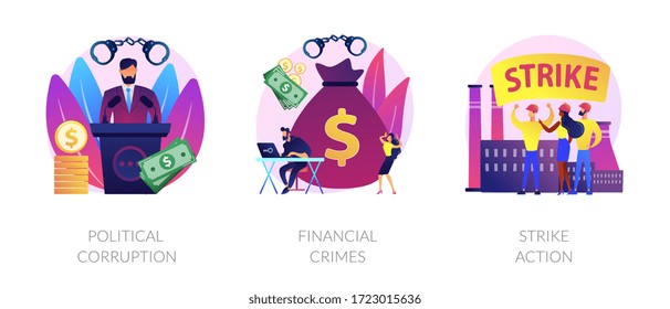 Dishonest government, money laundering, social demonstration icons set. Political corruption, financial crimes, strike action metaphors. Vector isolated concept metaphor illustrations