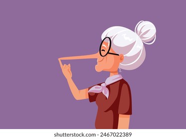 
Dishonest Grandma Telling Lies Growing Big Nose Vector Illustration. Liar granny touching her growing nose 
