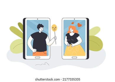 Dishonest impostor hiding real face in online chat with woman. Man on phone screen holding mask with smile flat vector illustration. Fraud concept for banner, website design or landing web page