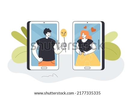 Dishonest impostor hiding real face in online chat with woman. Man on phone screen holding mask with smile flat vector illustration. Fraud concept for banner, website design or landing web page