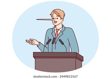 Dishonest man politician with long nose stands behind podium during election campaign. Statesman in business attire makes false and populist statements to potential voters