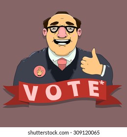 Dishonest Politician With Compromising Badge And The Vote Sign Showing Thumbs Up Illustration