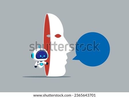 Dishonest robot with artificial intelligence hiding behind disguise mask pretend to lying. Lies, fraud or fake. Flat vector illustration.