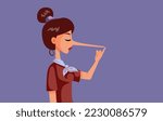 
Dishonest Woman Telling Lies Growing Big Nose Vector Illustration. Embarrassed dishonest woman feeling ashamed after lying 
