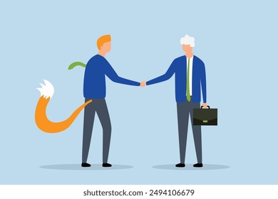 Dishonesty business deal, businessman shakes hands with one as a sacrificial lamb and with other as a hunting wolf.