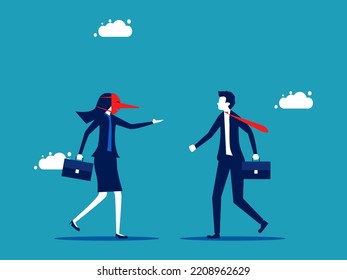 Dishonesty and lies. A businesswoman wearing a fake mask deceives. vector illustration