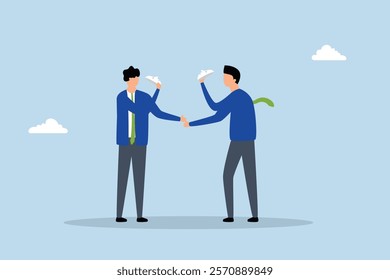 Dishonesty partnership, businessmen shake hands, both wearing masks to conceal true intentions. 