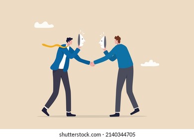 Dishonesty partnership or fake agreement, liar or suspicion fraud, betrayal or disguise deal, hidden threat ready to stab behind concept, businessmen handshake both holding mask to hide real thought.