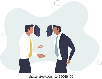 Dishonesty partnership or fake agreement, liar or suspicion fraud, betrayal or politics deal,flat design.illustration with people.