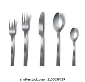 Dishware cutlery realistic set with isolated shiny forks knife and spoons for main dishes and dessert vector illustration