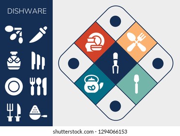  dishware icon set. 13 filled dishware icons. Simple modern icons about  - Fork, Cutlery, Spoon, Plate, Canteen, Knives, Spoons, Knife, Porcelain, Teapot