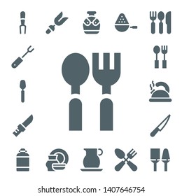 dishware icon set. 17 filled dishware icons.  Collection Of - Fork, Spoon, Knife, Cutlery, Teapot, Canteen, Porcelain, Jug, Utensils